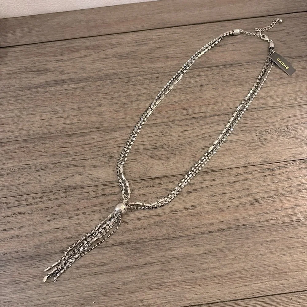 NWT [Cache] Silver Rhinestone Strands Tassle Lariat Pendant Adjustable Necklace - Picture 4 of 10